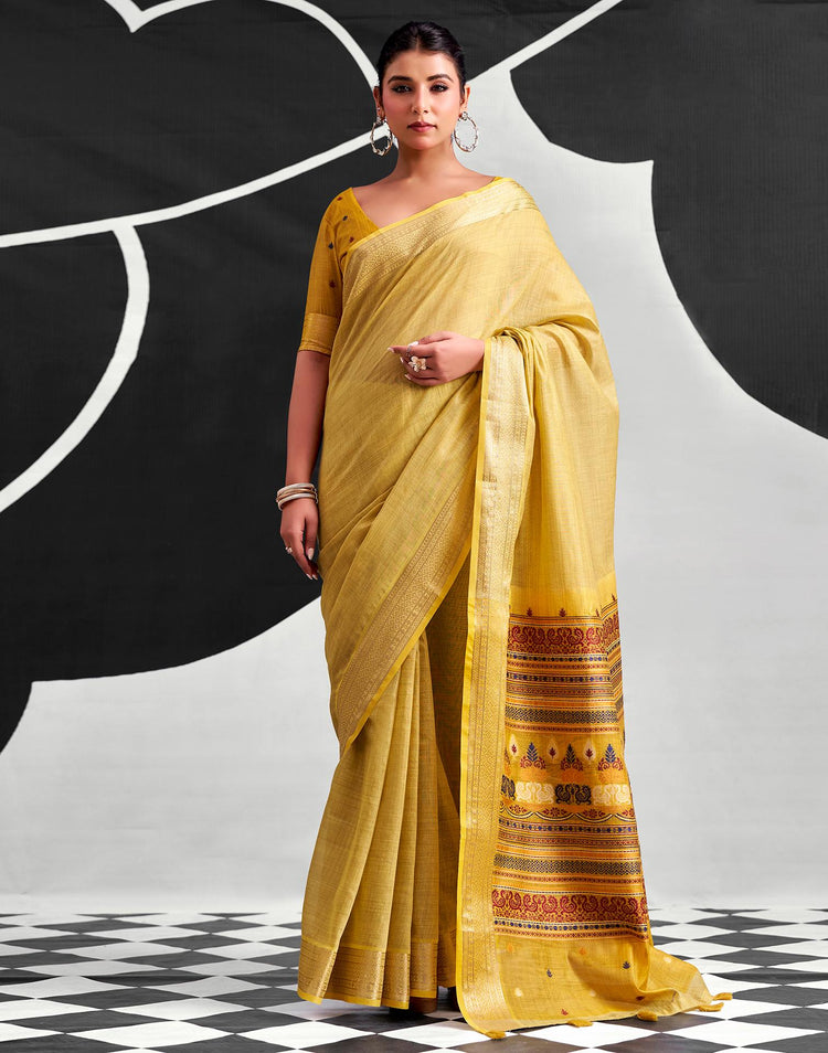 Light Mustard Yellow Cotton Silk Woven Saree
