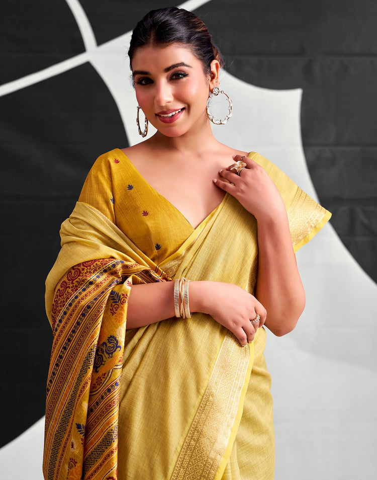 Light Mustard Yellow Cotton Silk Woven Saree
