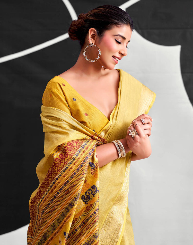 Light Mustard Yellow Cotton Silk Woven Saree