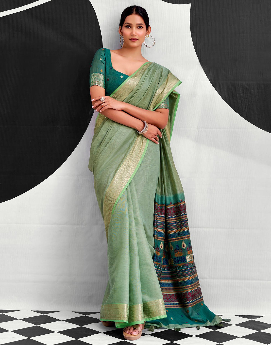 Pista Green Cotton Silk Woven Saree