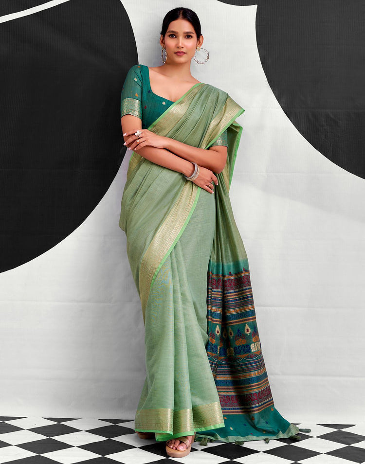 Pista Green Cotton Silk Woven Saree