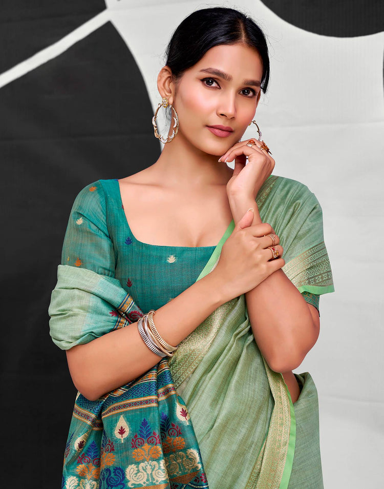 Pista Green Cotton Silk Woven Saree