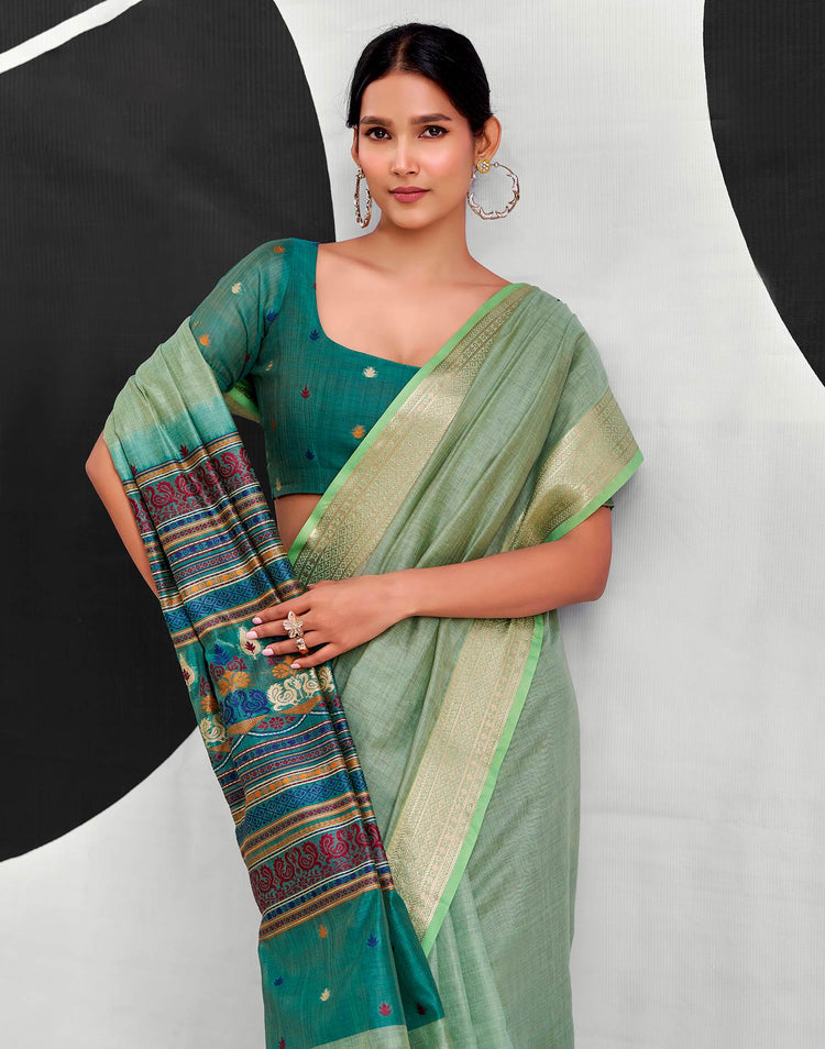Pista Green Cotton Silk Woven Saree