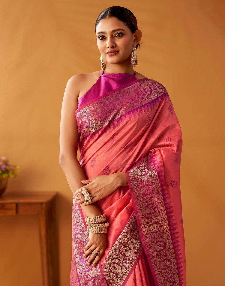 Coral Pink Silk Woven Kanjivaram Saree