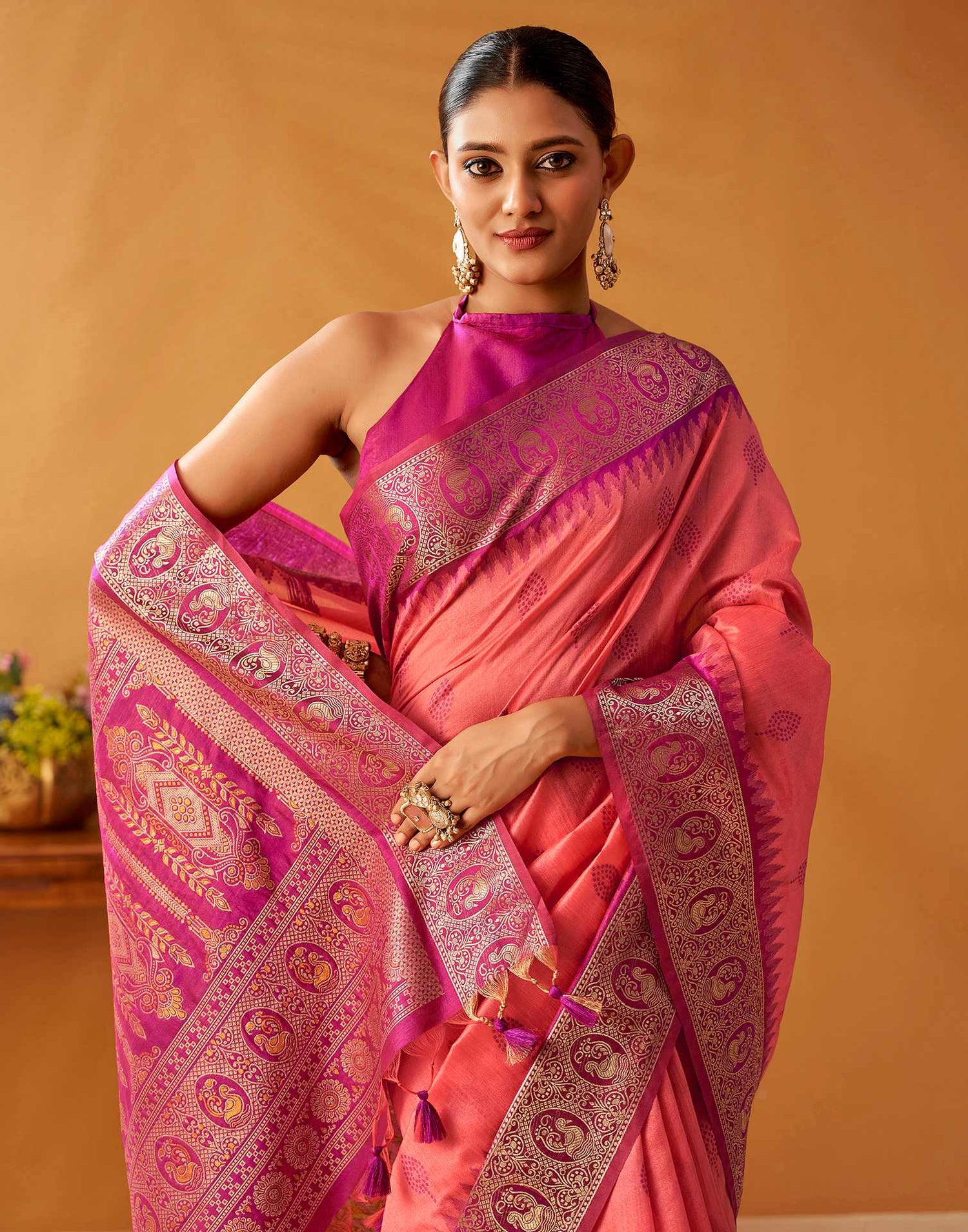 Coral Pink Silk Woven Kanjivaram Saree