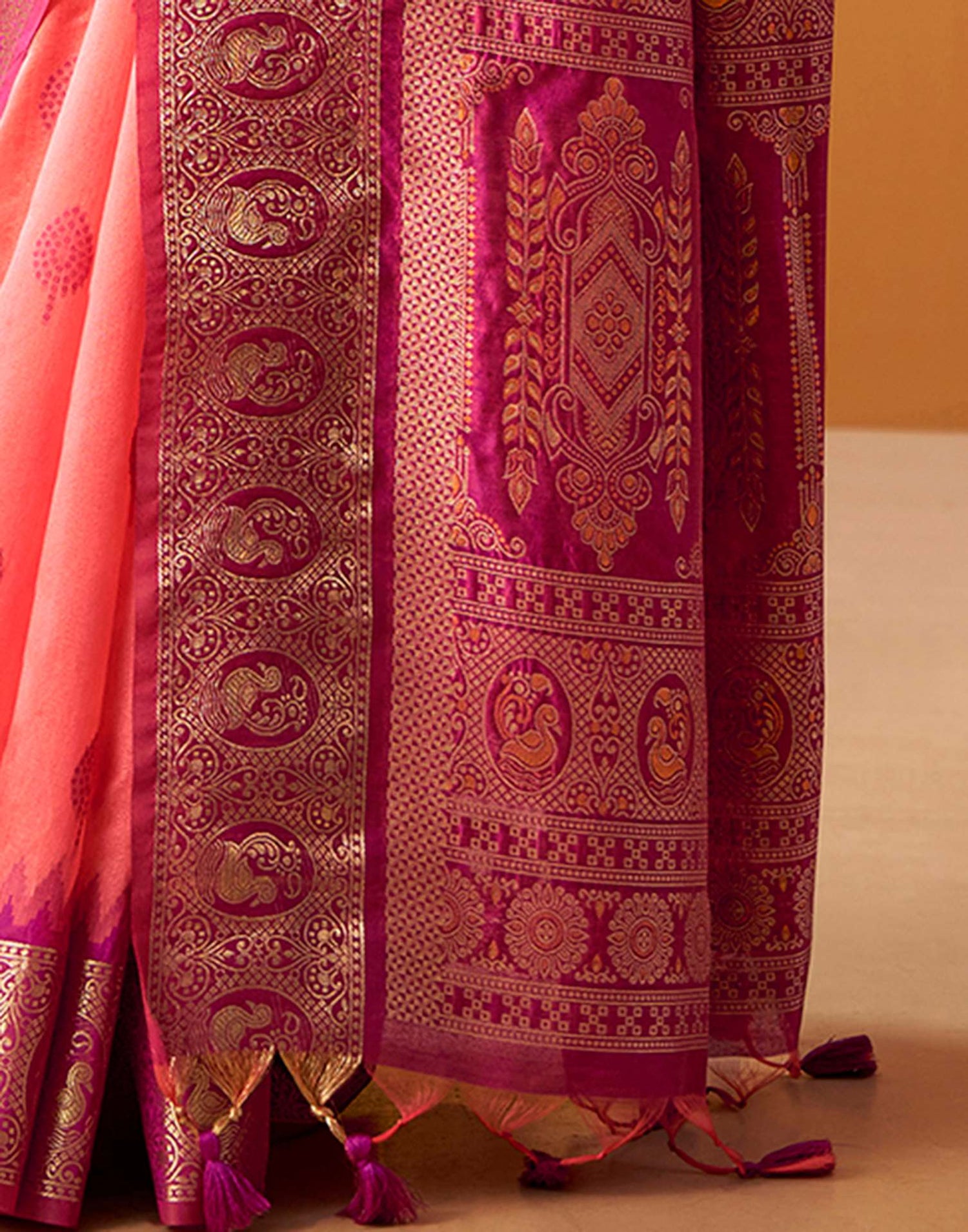 Coral Pink Silk Woven Kanjivaram Saree