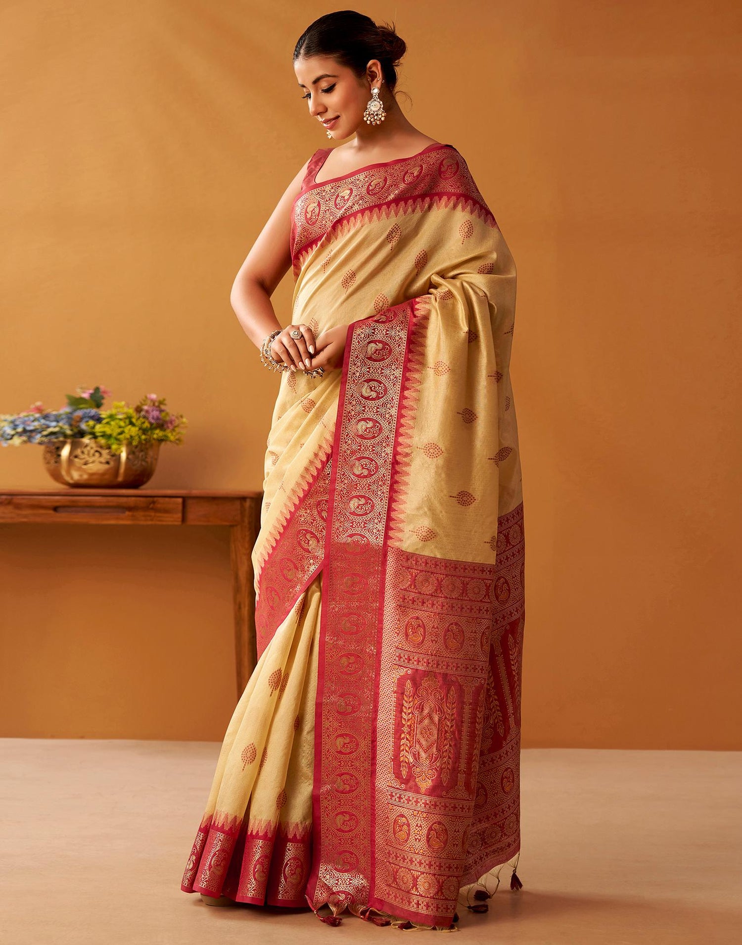 Cream Silk Woven Kanjivaram Saree