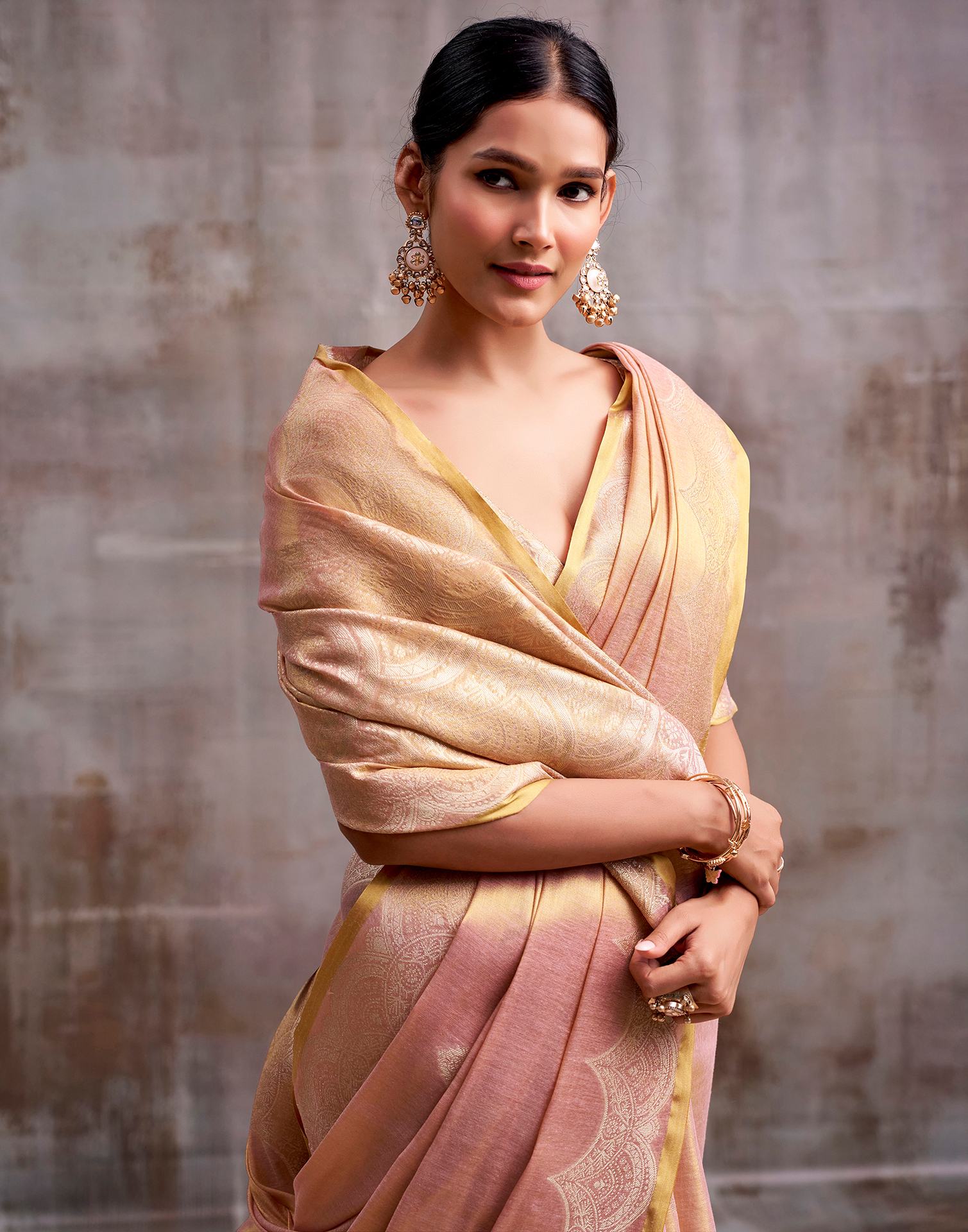 Dusty Rose Pink Tissue Silk Woven Banarasi Saree