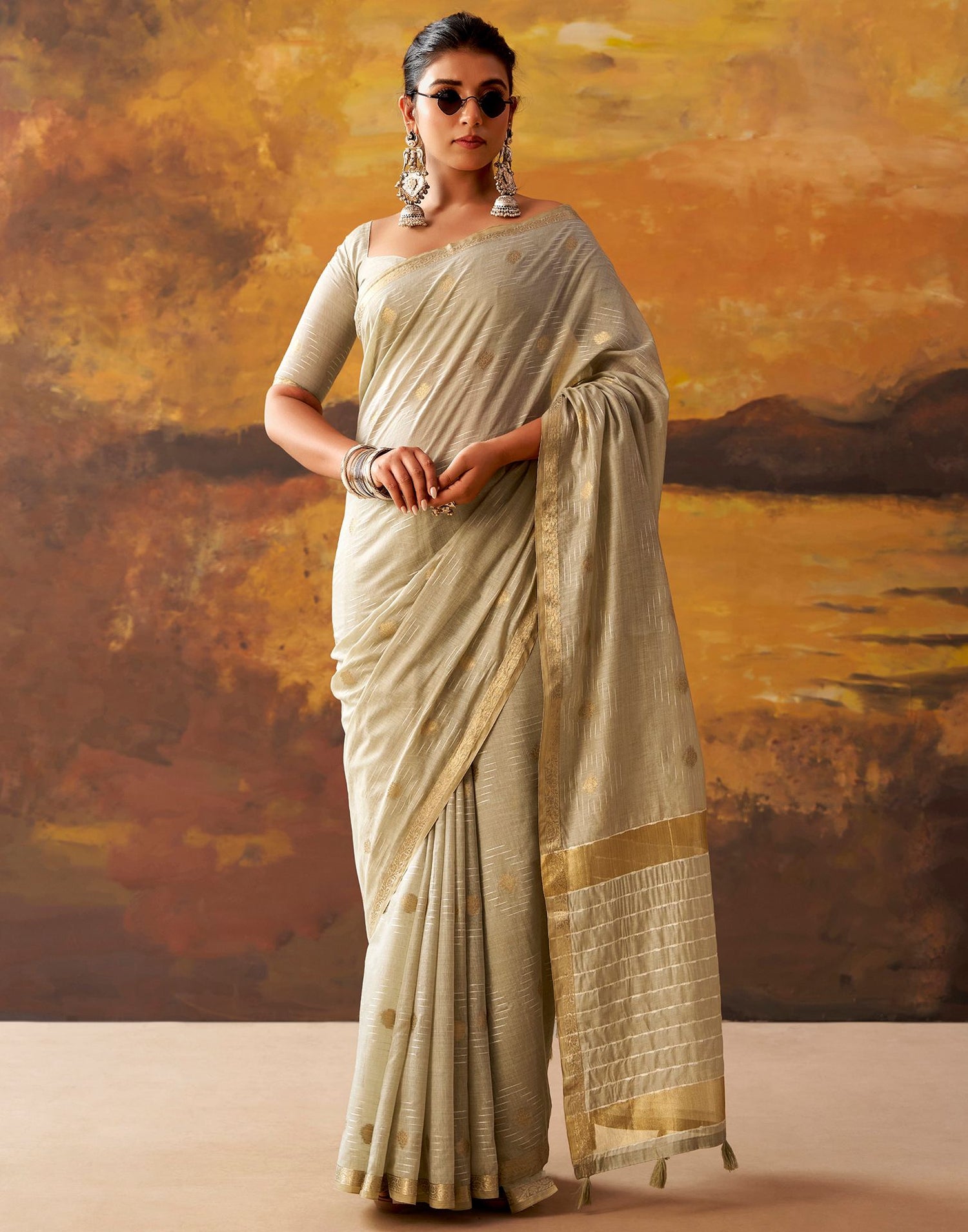 Beige Cotton Chanderi Woven Saree