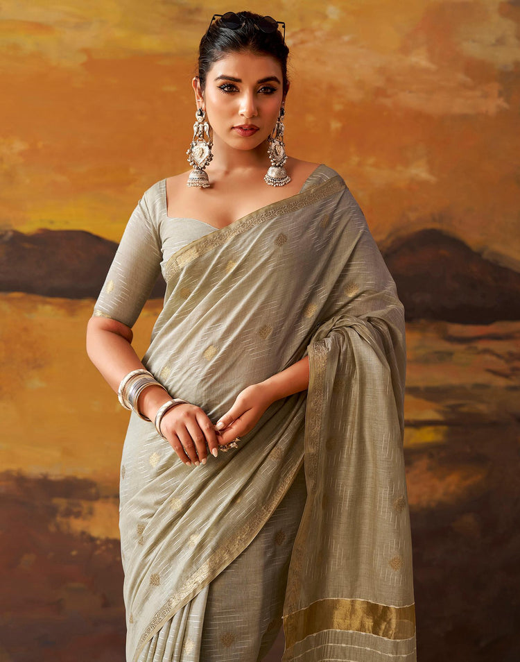 Beige Cotton Chanderi Woven Saree