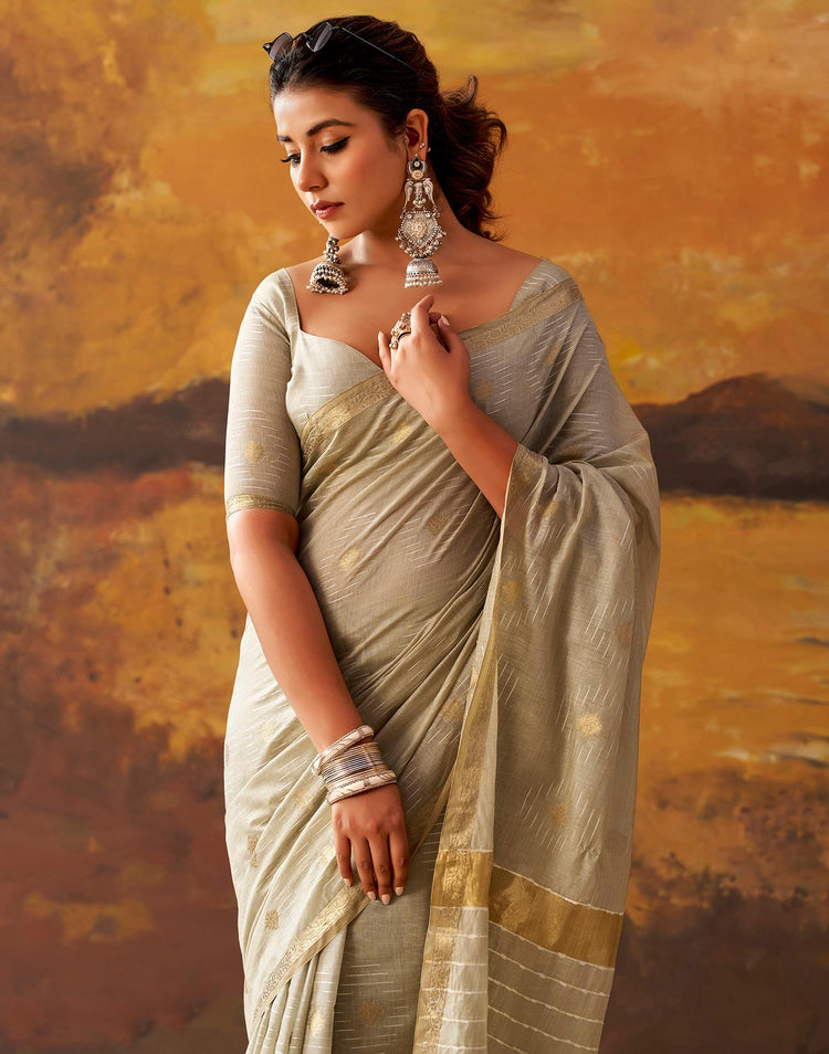 Beige Cotton Chanderi Woven Saree