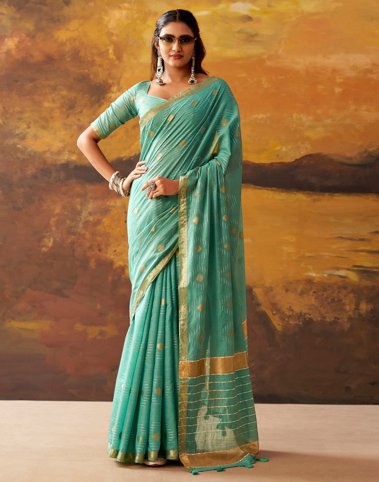 Turquoise Cotton Chanderi Woven Saree