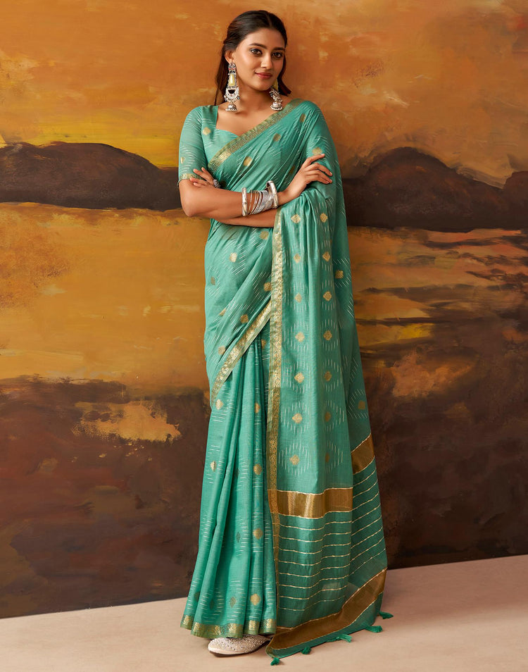 Turquoise Cotton Chanderi Woven Saree