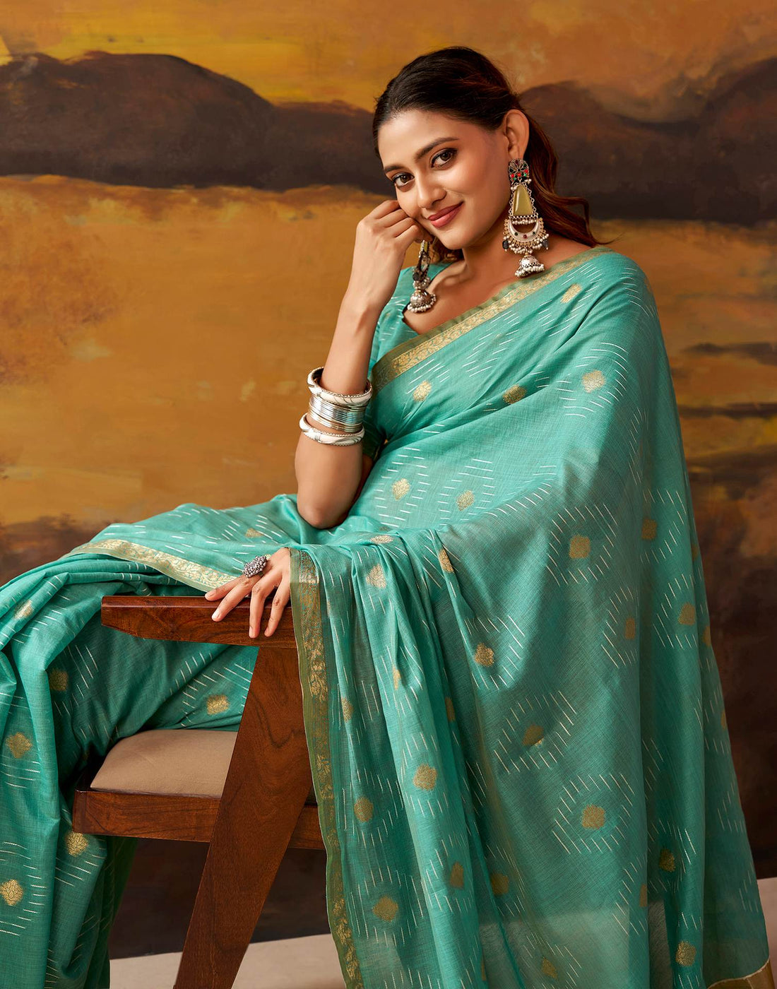 Turquoise Cotton Chanderi Woven Saree