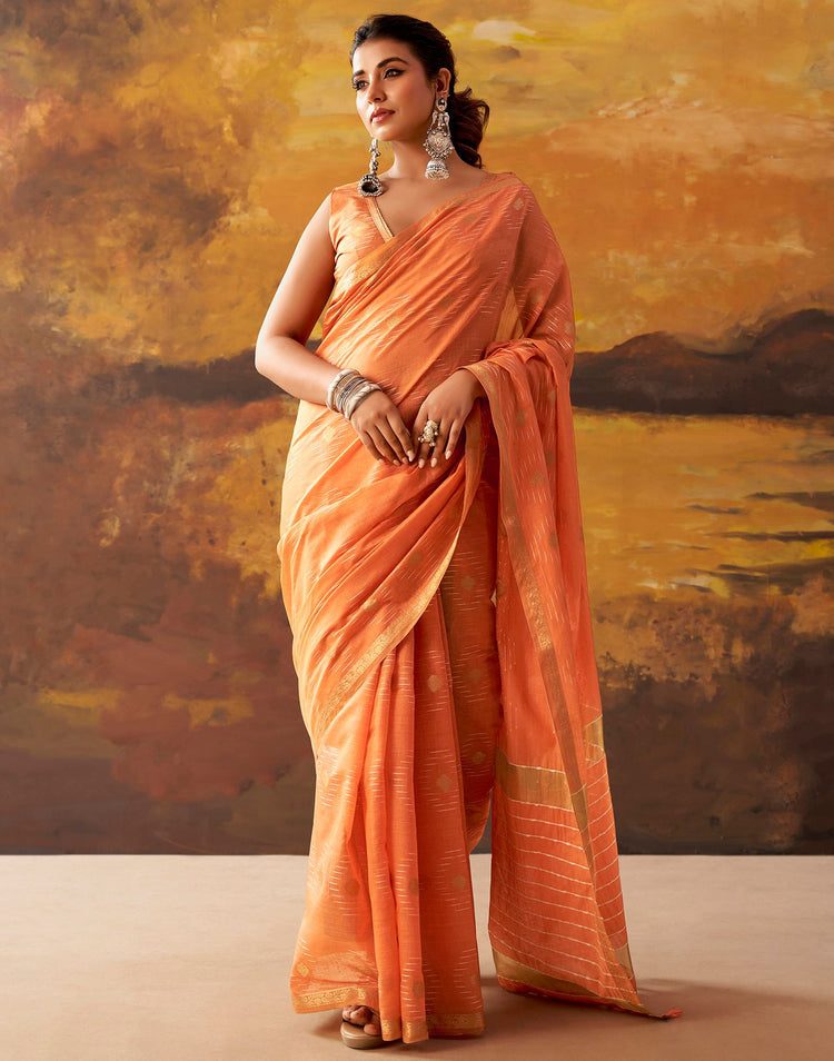 Dark Peach Cotton Chanderi Woven Saree