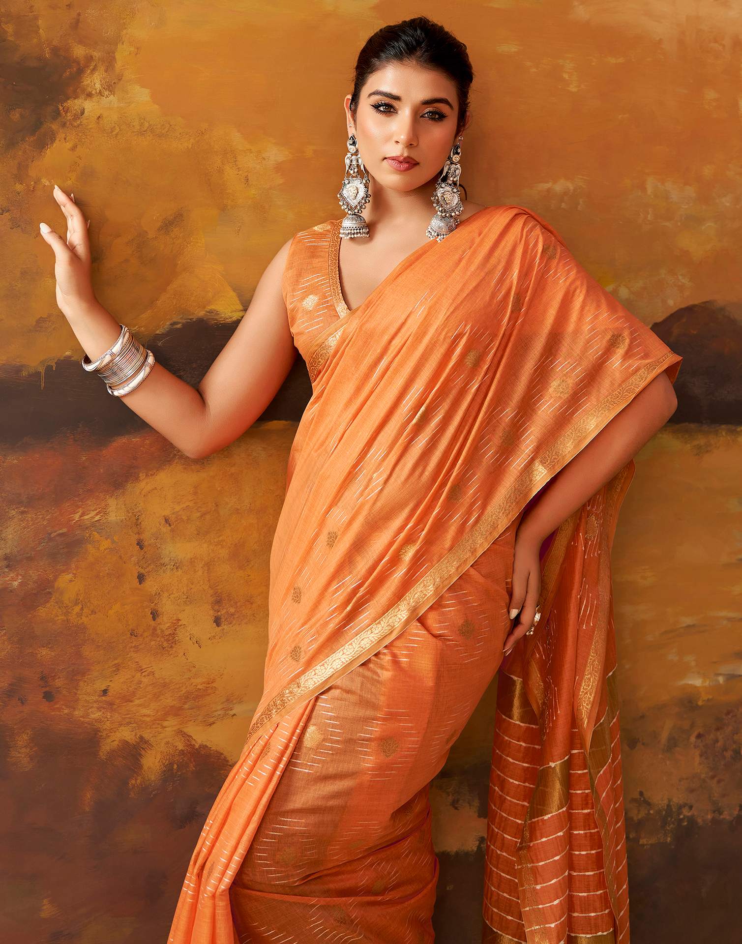 Dark Peach Cotton Chanderi Woven Saree