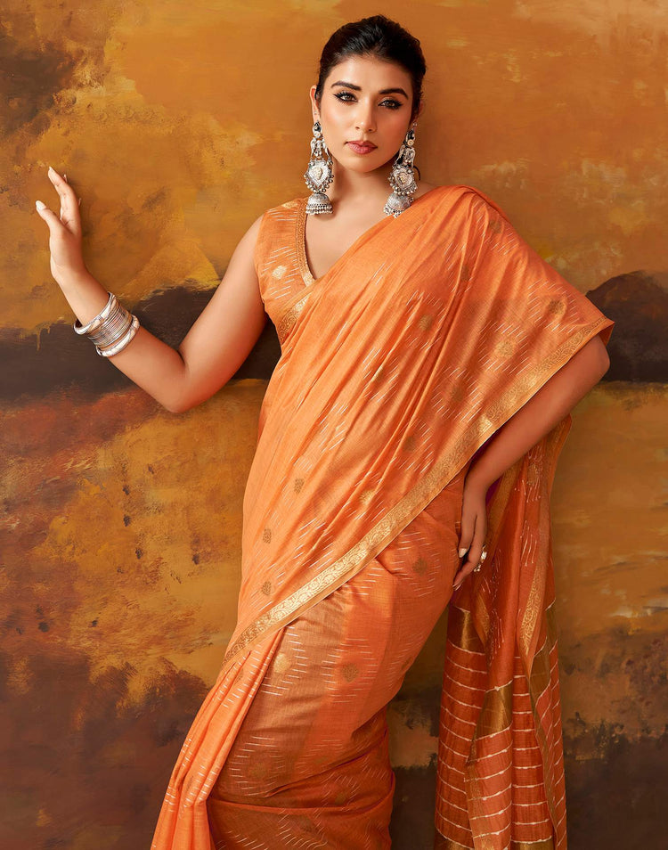Dark Peach Cotton Chanderi Woven Saree