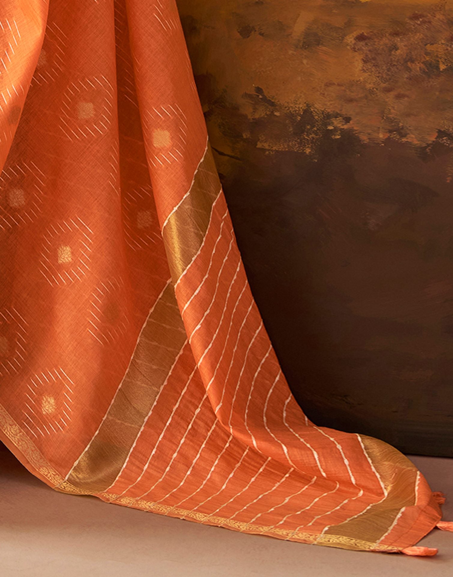 Dark Peach Cotton Chanderi Woven Saree