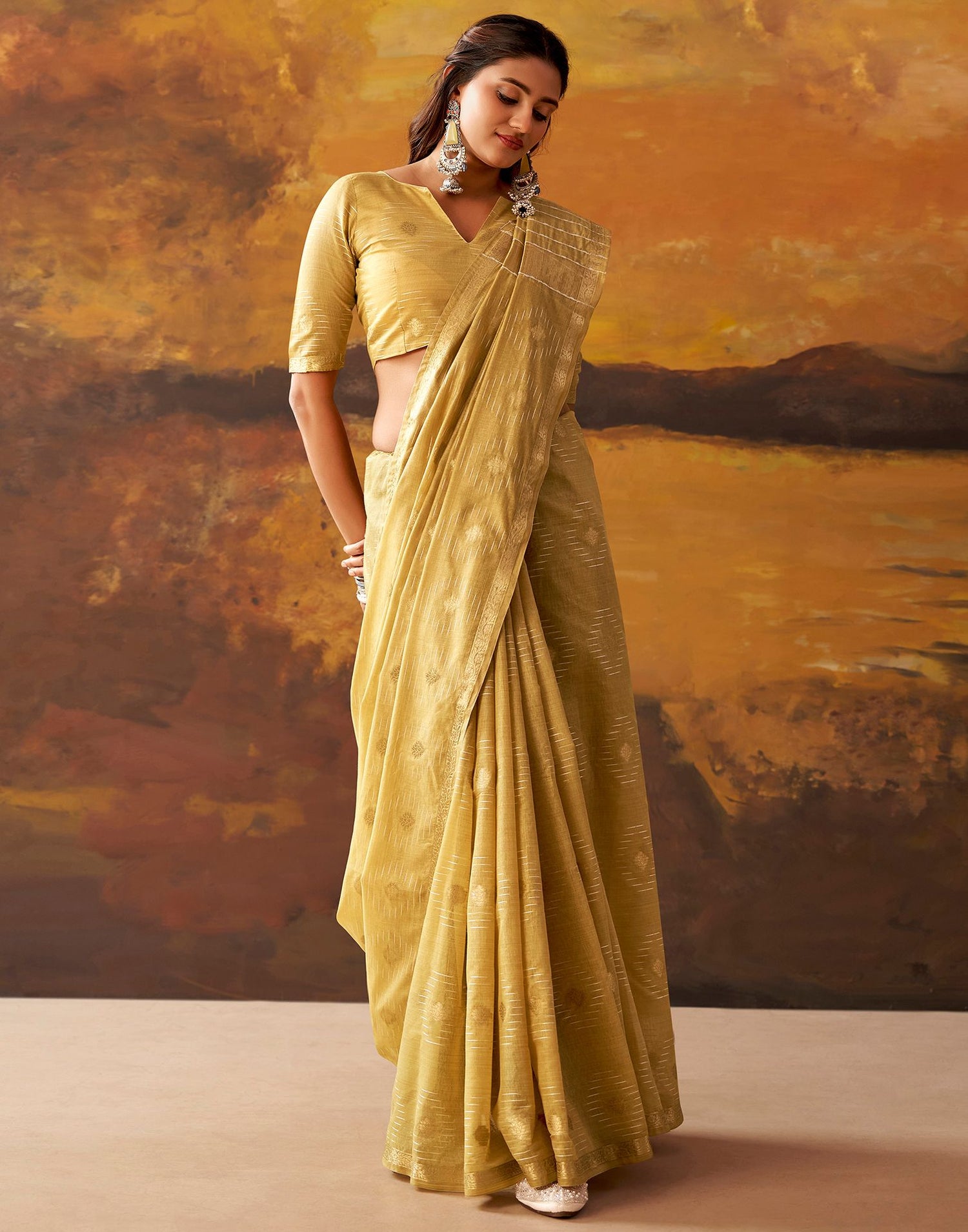 Dusty Mustard Yellow Cotton Chanderi Woven Saree