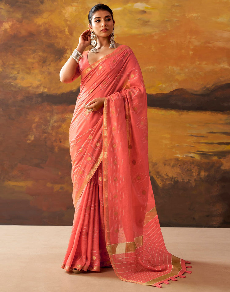 Coral Pink Cotton Chanderi Woven Saree