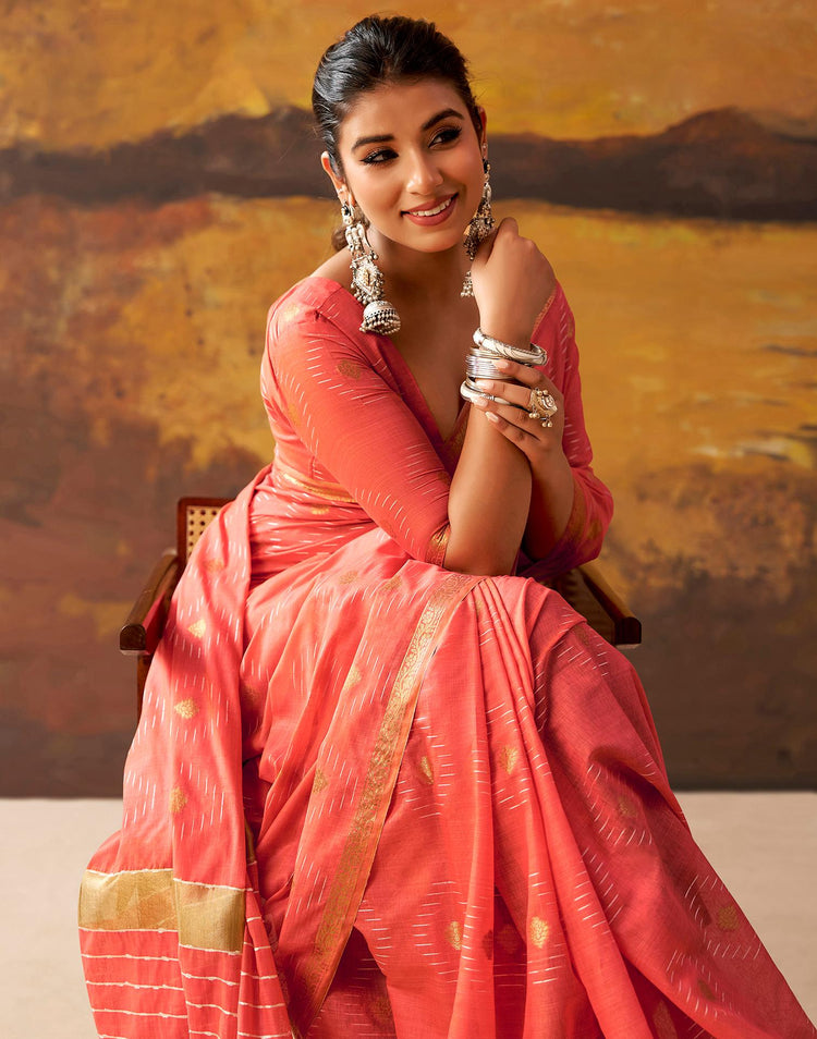 Coral Pink Cotton Chanderi Woven Saree