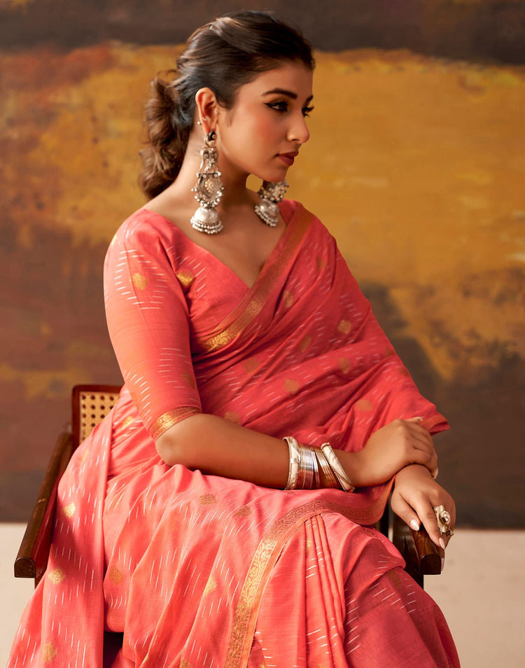 Coral Pink Cotton Chanderi Woven Saree