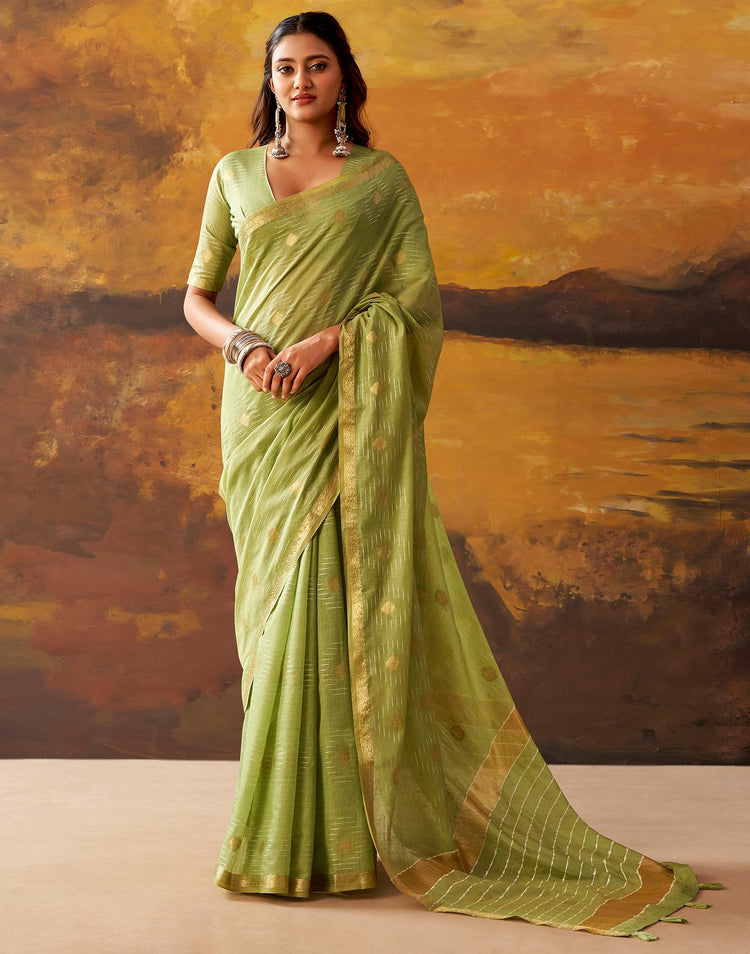 Pista Green Cotton Chanderi Woven Saree