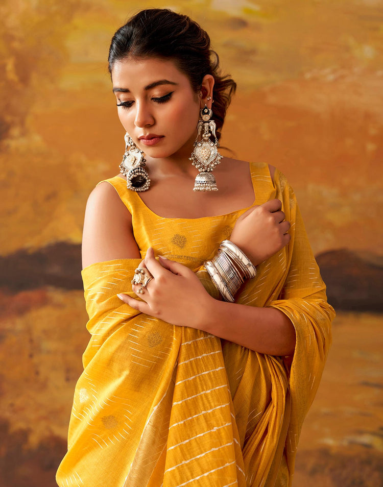 Yellow Cotton Chanderi Woven Saree
