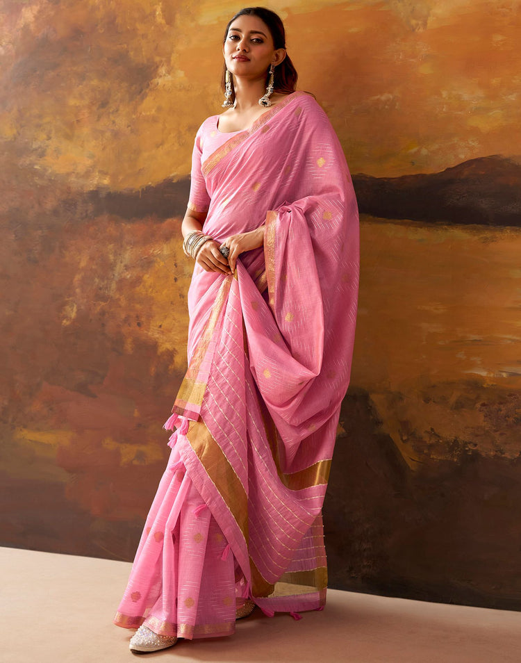 Light Pink Cotton Chanderi Woven Saree