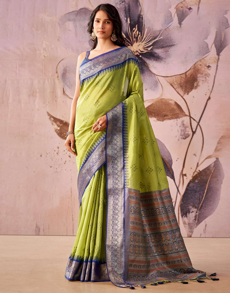 Lime Green Tussar Silk Woven Kanjivaram Saree