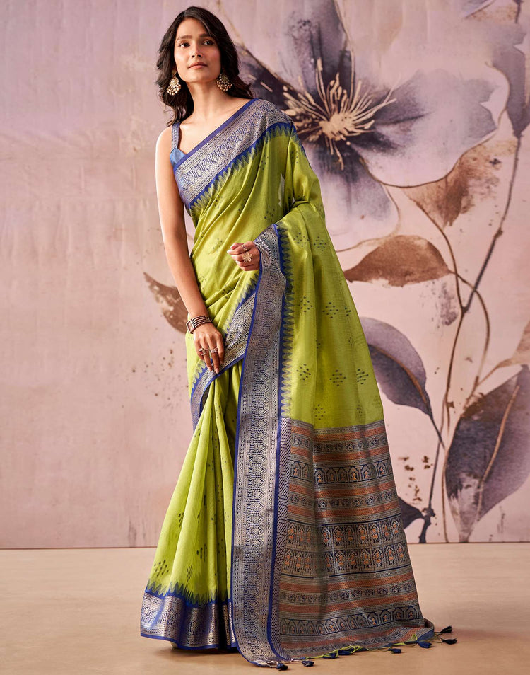Lime Green Tussar Silk Woven Kanjivaram Saree