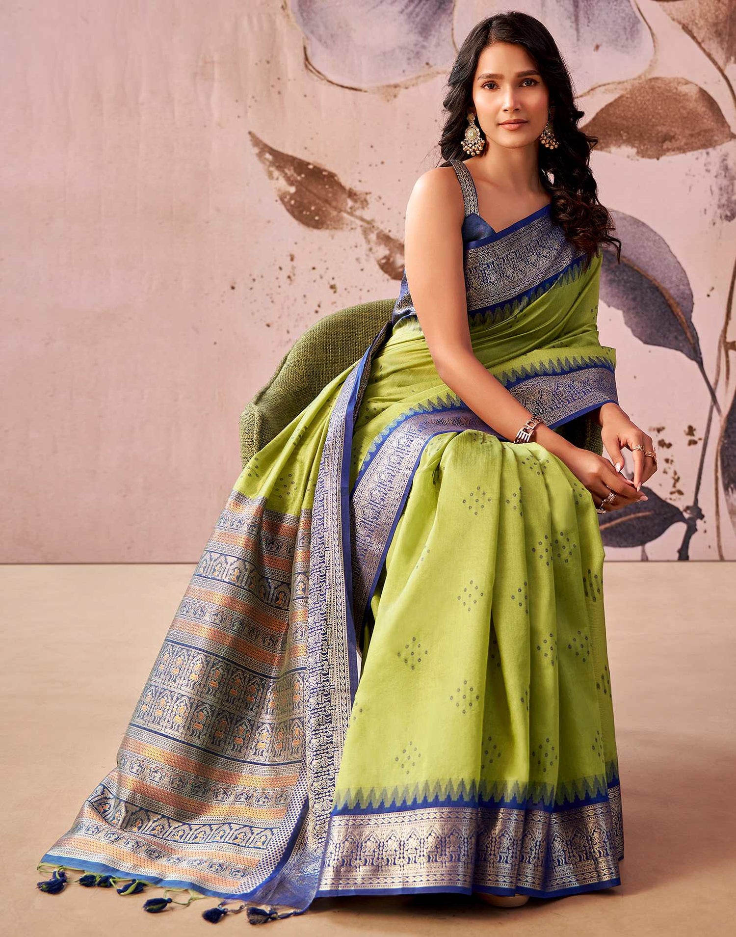 Lime Green Tusser Silk Woven Kanjivaram Saree