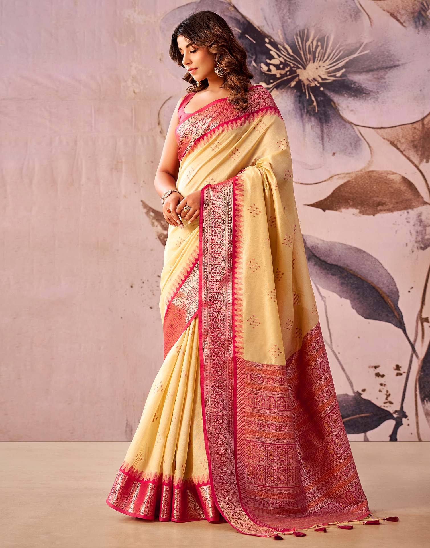 Cream Tusser Silk Woven Kanjivaram Saree