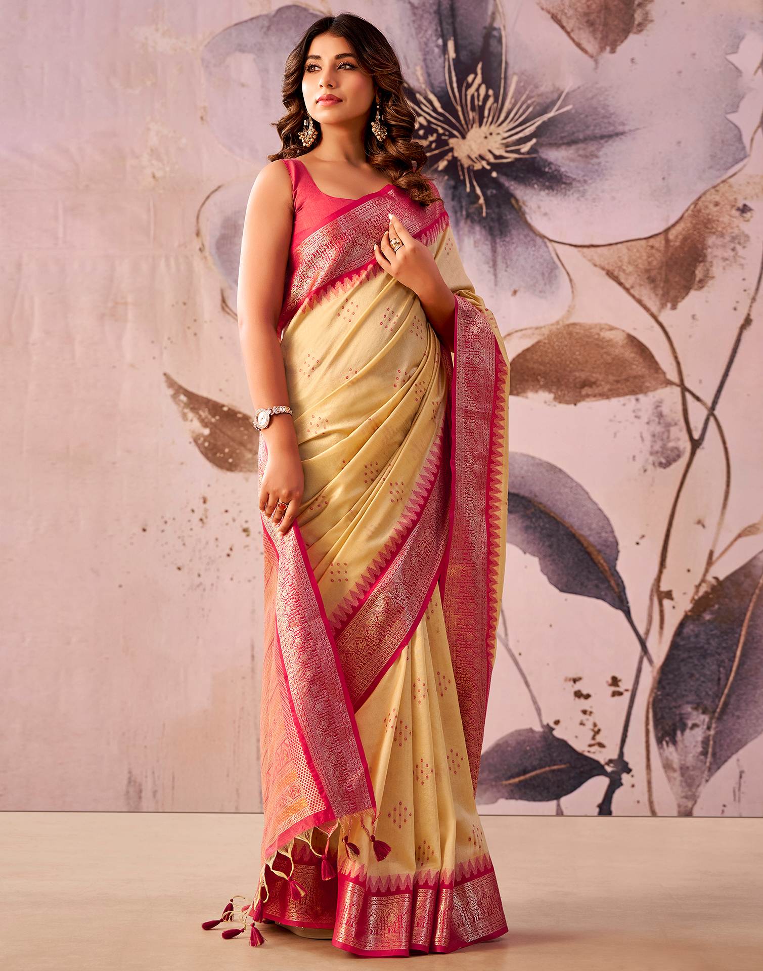 Cream Tusser Silk Woven Kanjivaram Saree