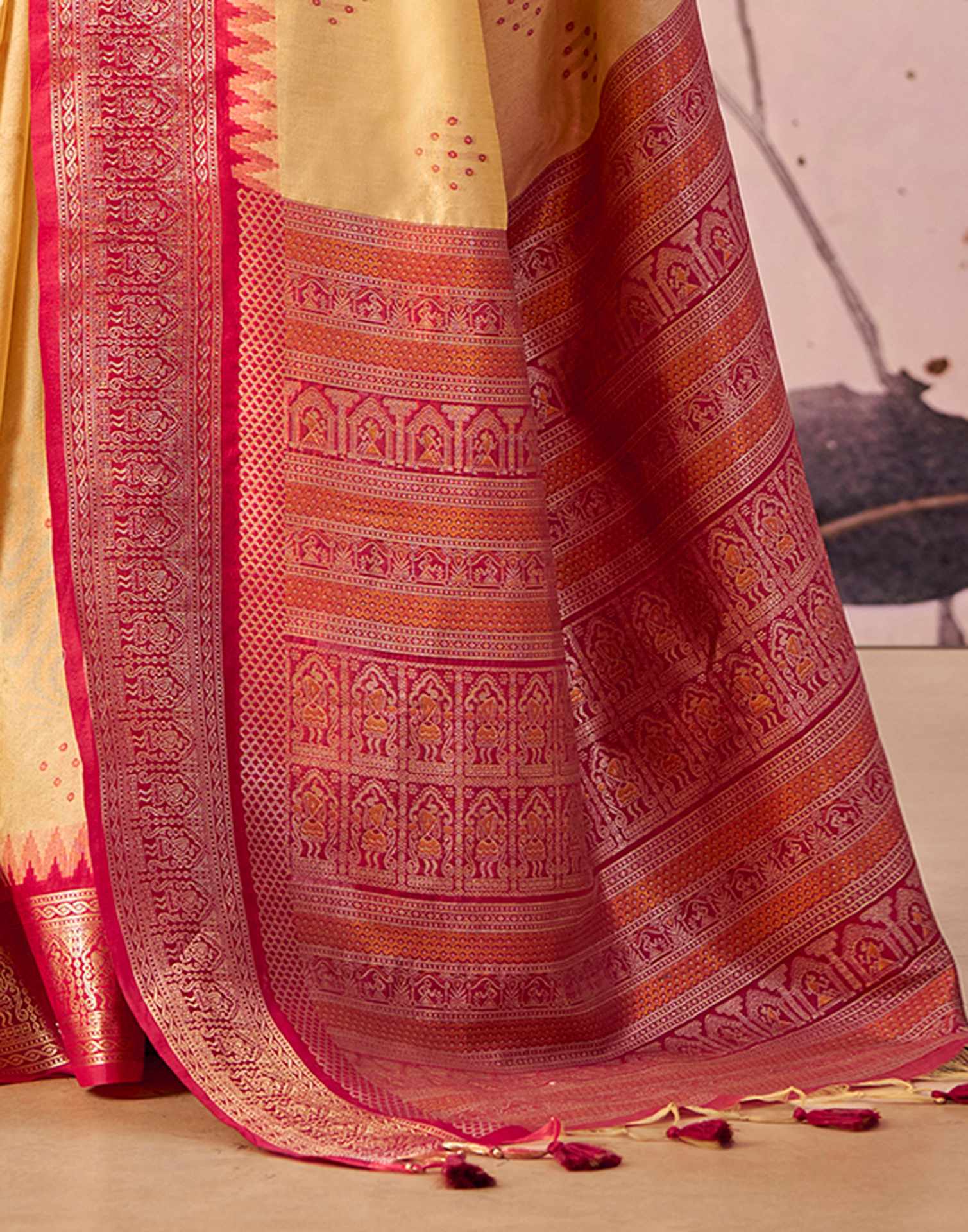 Cream Tusser Silk Woven Kanjivaram Saree