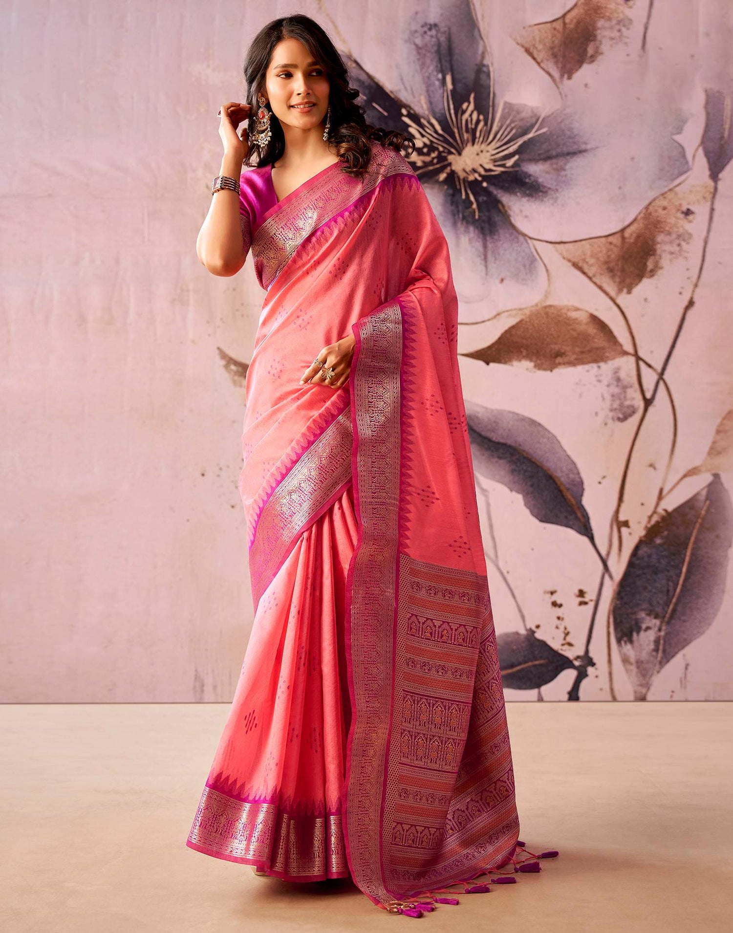 Pink Tusser Silk Woven Kanjivaram Saree