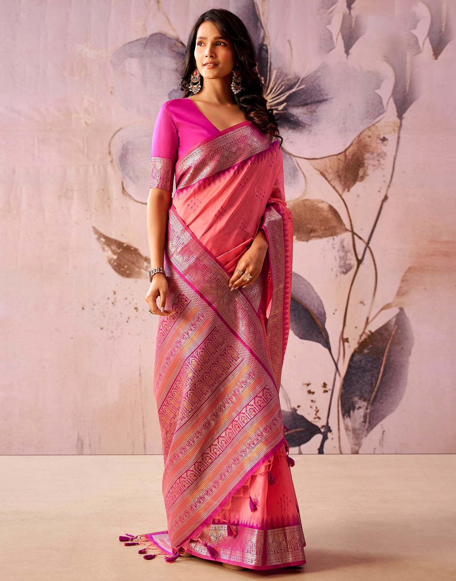 Pink Tusser Silk Woven Kanjivaram Saree