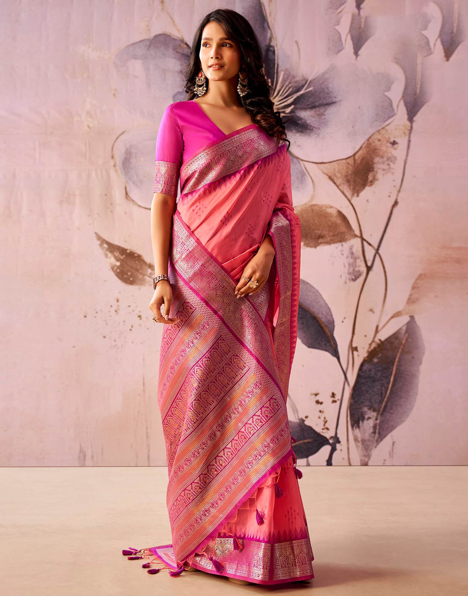 Pink Tusser Silk Woven Kanjivaram Saree