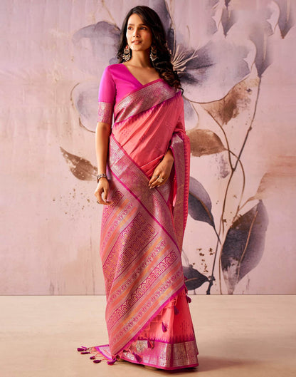 Pink Tusser Silk Woven Kanjivaram Saree