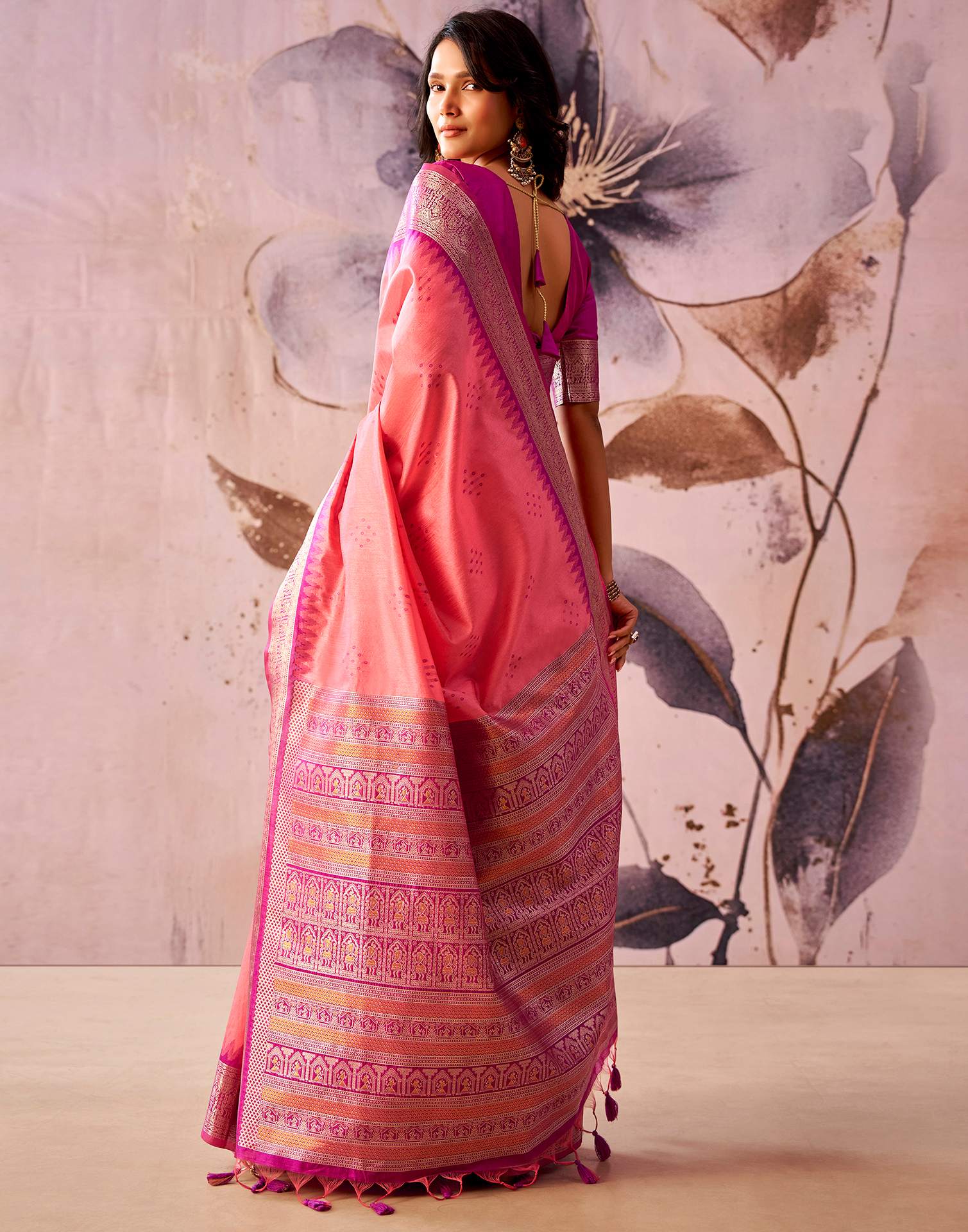 Pink Tusser Silk Woven Kanjivaram Saree