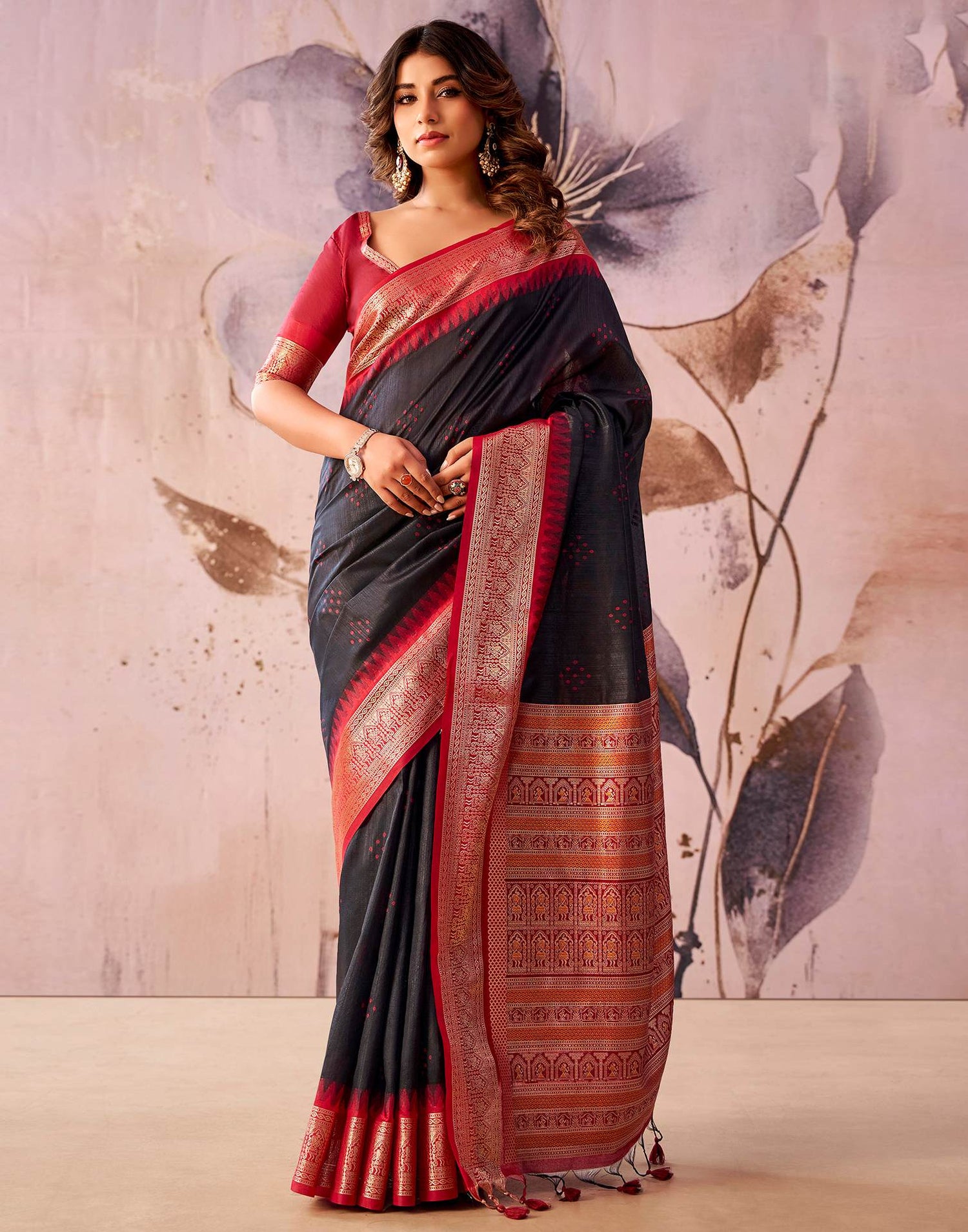 Black Tusser Silk Woven Kanjivaram Saree