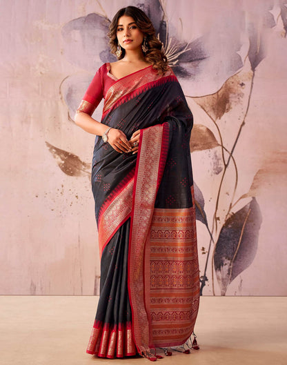 Black Tusser Silk Woven Kanjivaram Saree