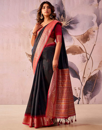 Black Tusser Silk Woven Kanjivaram Saree
