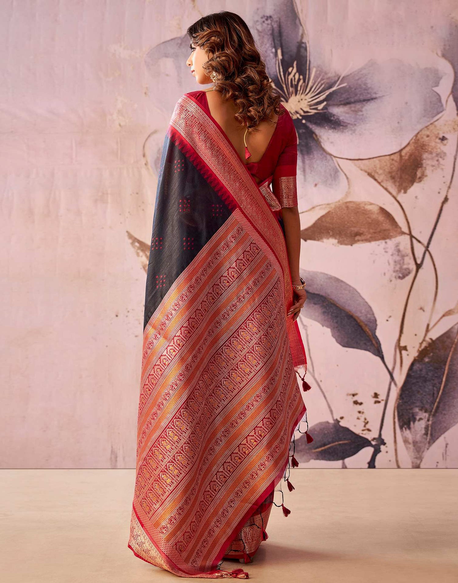 Black Tusser Silk Woven Kanjivaram Saree