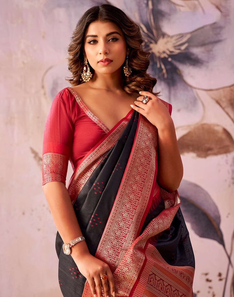 Black Tussar Silk Woven Kanjivaram Saree