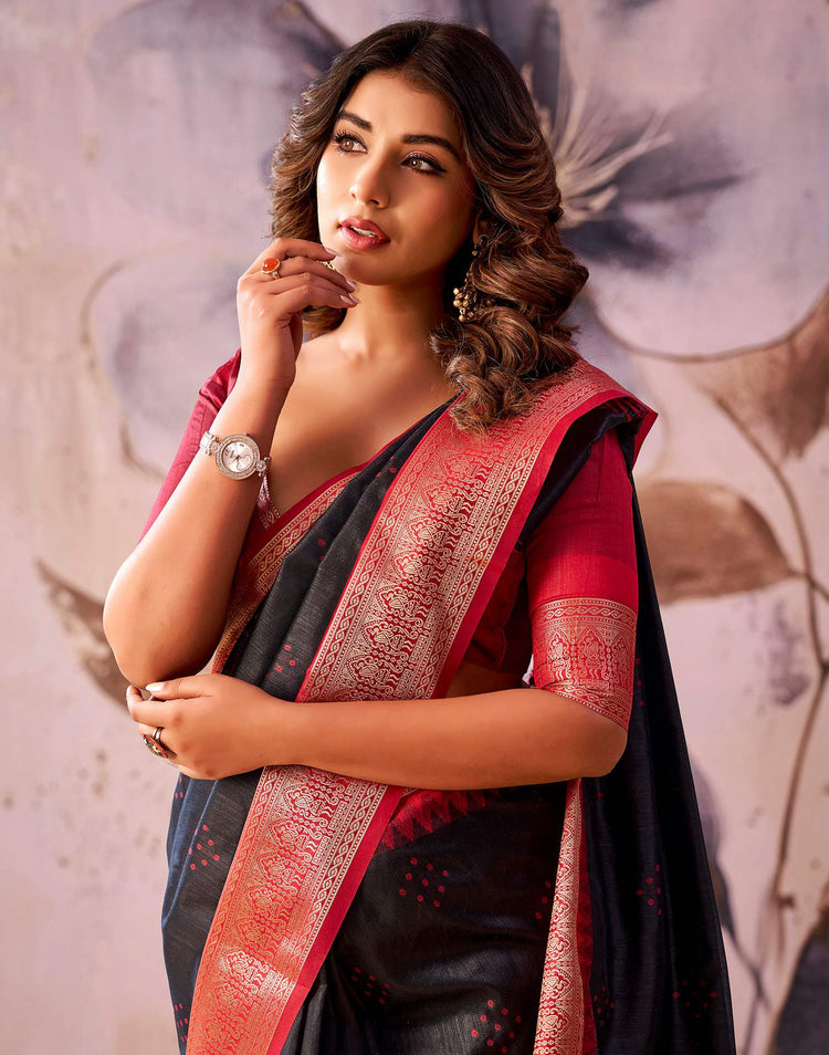 Black Tussar Silk Woven Kanjivaram Saree