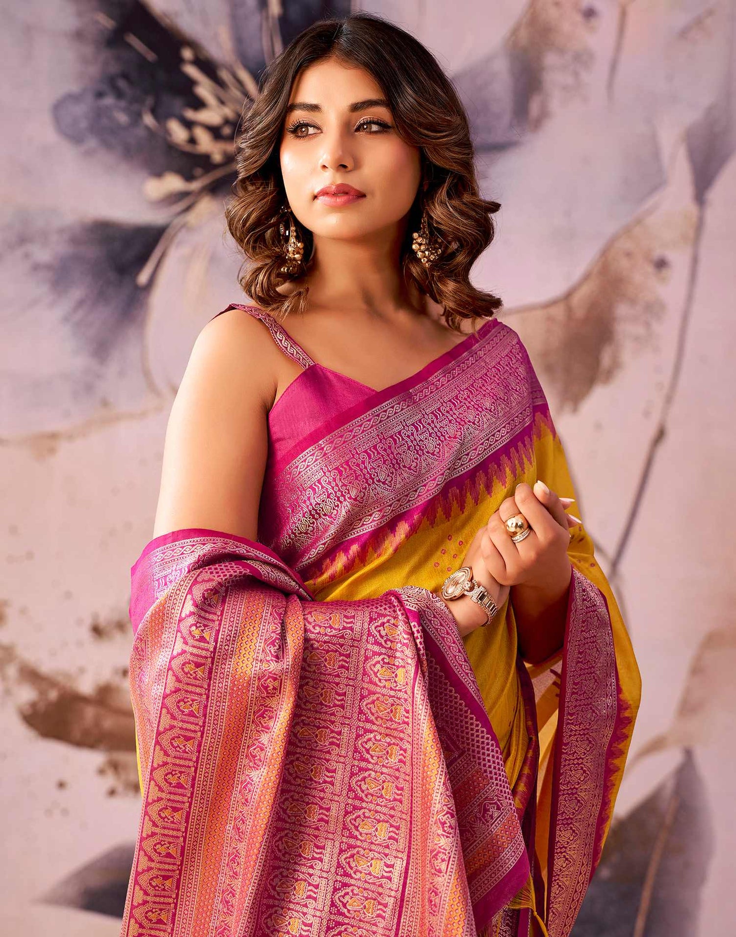 Yellow Tusser Silk Woven Kanjivaram Saree