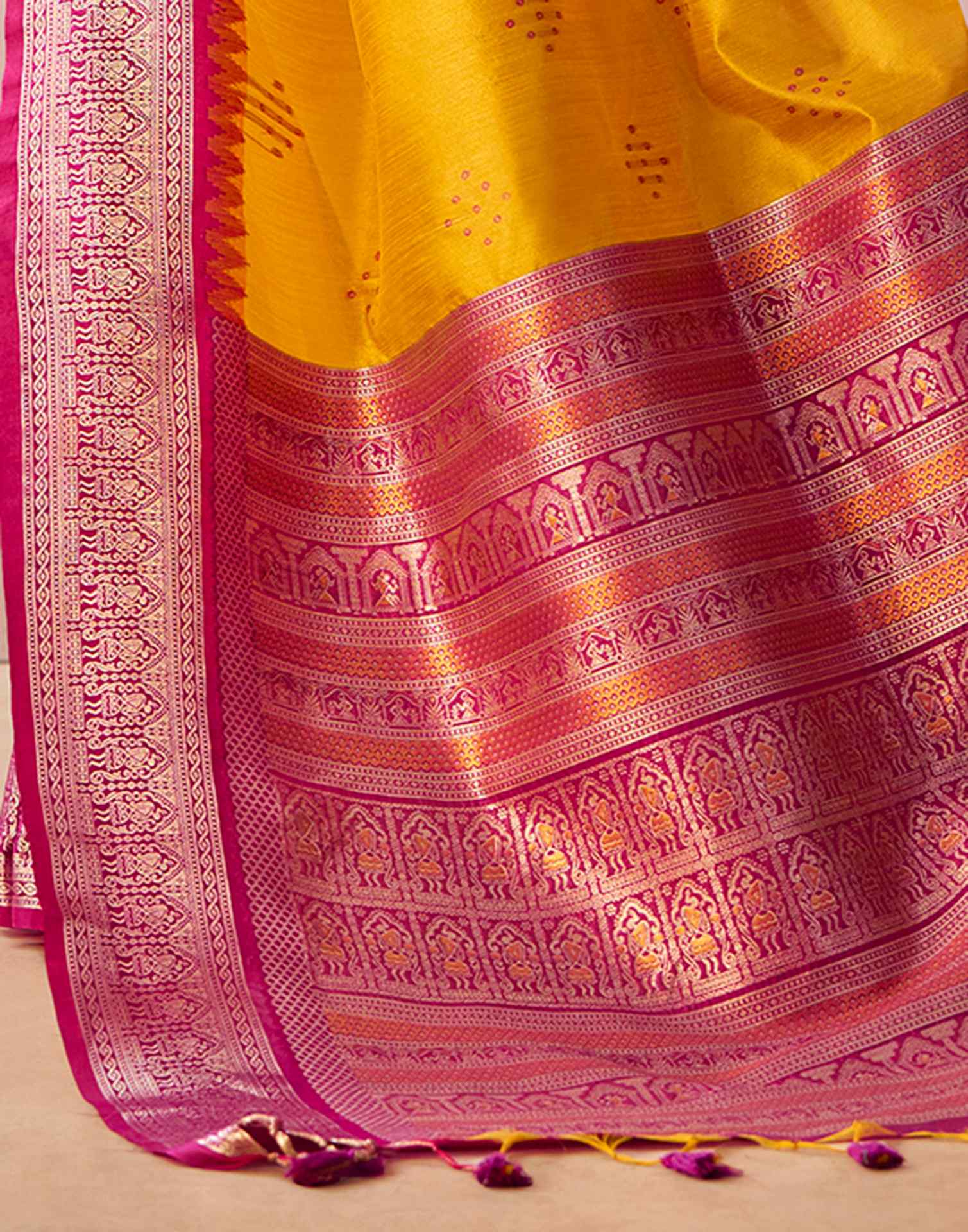Yellow Tusser Silk Woven Kanjivaram Saree
