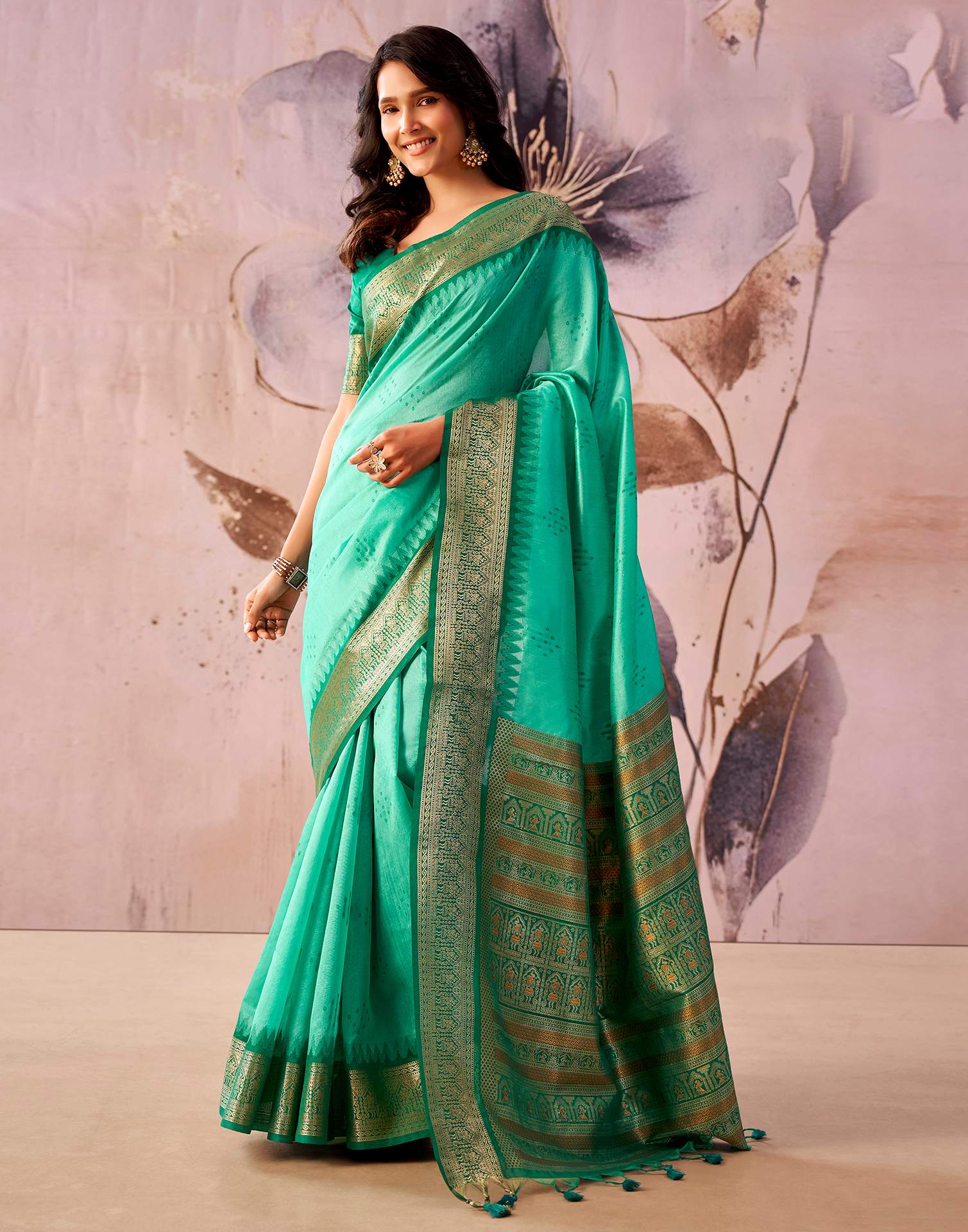 Turquoise Green Tusser Silk Woven Kanjivaram Saree