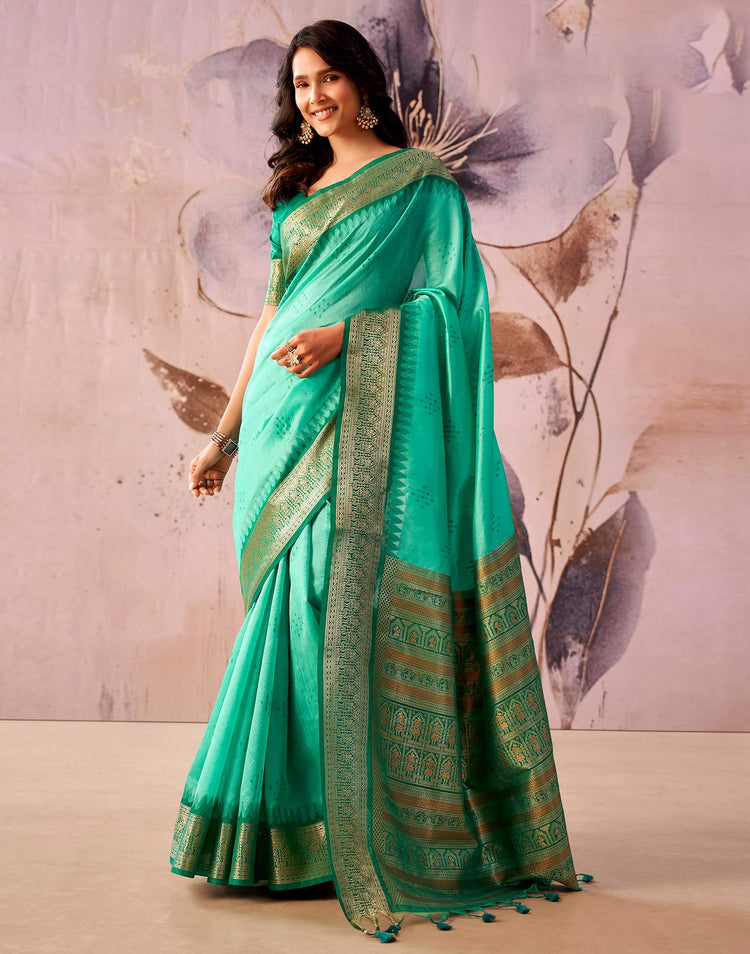 Turquoise Green Tussar Silk Woven Kanjivaram Saree
